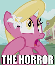 Size: 431x509 | Tagged: safe, edit, edited screencap, screencap, character:lily, character:lily valley, species:earth pony, species:pony, episode:applebuck season, g4, my little pony: friendship is magic, background pony, dialogue, female, flower, flower in hair, image macro, lily (flower), mare, meme, open mouth, reaction image, solo, text, the horror