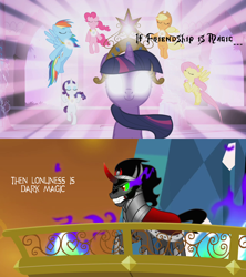 Size: 1280x1440 | Tagged: safe, edit, edited screencap, screencap, character:applejack, character:fluttershy, character:king sombra, character:pinkie pie, character:rainbow dash, character:rarity, character:twilight sparkle, episode:friendship is magic, episode:the crystal empire, g4, my little pony: friendship is magic, dark magic, elements of harmony, friendship, headcanon, lonely, magic, mane six, the elements in action, theory