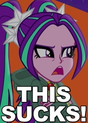 Size: 500x700 | Tagged: safe, edit, edited screencap, screencap, character:aria blaze, equestria girls:rainbow rocks, g4, my little pony: equestria girls, my little pony:equestria girls, amulet, angry, caption, clothing, female, hoodie, image macro, open mouth, reaction image, solo, unhappy
