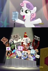 Size: 1012x1484 | Tagged: safe, edit, screencap, character:dj pon-3, character:octavia melody, character:rarity, character:sweetie belle, character:vinyl scratch, episode:bloom and gloom, g4, my little pony: friendship is magic, appa, avatar the last airbender, beast boy, crossover nexus, deadpool, ed edd n eddy, foghorn leghorn, futurama, harley quinn, judges table, kevin, mordecai, mordecai and rigby, music judges meme, phineas and ferb, regular show, rigby, teen titans, the fairly oddparents, trixie tang