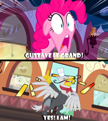 Size: 640x720 | Tagged: safe, edit, edited screencap, screencap, character:gustave le grande, character:pinkie pie, species:griffon, episode:mmmystery on the friendship express, g4, my little pony: friendship is magic, gustave le grande, japanese, jean pierre polnareff, jojo's bizarre adventure, masashi ebara, mohammed avdol, stardust crusaders, voice actor joke