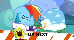 Size: 1077x592 | Tagged: safe, edit, screencap, character:rainbow dash, character:tank, episode:tanks for the memories, g4, my little pony: friendship is magic, clothing, crying, dashie slippers, exploitable meme, hug, inappropriate timing spongebob banner, laughing, meme, nickelodeon, obligatory pony, spongebob squarepants