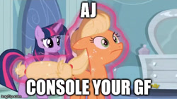 Size: 490x274 | Tagged: safe, edit, screencap, character:applejack, character:rainbow dash, character:rarity, character:twilight sparkle, character:twilight sparkle (alicorn), species:alicorn, species:pony, ship:appledash, episode:tanks for the memories, g4, my little pony: friendship is magic, discovery family logo, female, girlfriend, image macro, lesbian, meme, shipper on deck, shipping