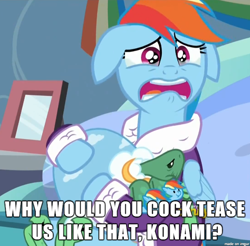 Size: 610x601 | Tagged: safe, edit, edited screencap, screencap, character:rainbow dash, character:tank, episode:tanks for the memories, g4, my little pony: friendship is magic, caption, clothing, dashie slippers, depression dash, konami, obligatory pony, reaction image, silent hills, tank slippers, vulgar