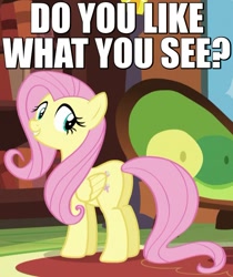 Size: 525x625 | Tagged: safe, edit, edited screencap, screencap, character:fluttershy, species:pony, episode:tanks for the memories, g4, my little pony: friendship is magic, bronybait, caption, cute, female, flirting, flirty, image macro, looking at you, looking back, mare, meme, plot, shyabetes, smiling, solo