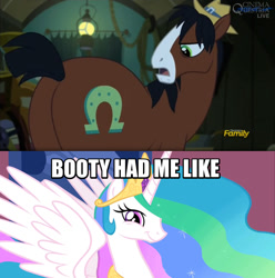 Size: 800x806 | Tagged: safe, edit, edited screencap, screencap, character:princess celestia, character:trouble shoes, species:alicorn, species:earth pony, species:pony, episode:appleoosa's most wanted, g4, my little pony: friendship is magic, booty had me like, caption, faec, female, frown, glare, image macro, look at my ass, looking back, male, mare, meme, open mouth, plot, smiling, spread wings, stallion, the ass was fat, troublestia, twiface, wingboner, wings