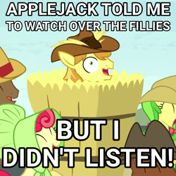 Size: 1080x1080 | Tagged: safe, edit, edited screencap, screencap, character:apple bloom, character:apple bumpkin, character:apple fritter, character:applejack, character:big mcintosh, character:braeburn, character:coco crusoe, character:granny smith, character:meadow song, species:earth pony, species:pony, episode:appleoosa's most wanted, g4, my little pony: friendship is magic, apple family, caption, clothing, crossing the memes, equestria's worst babysitter, exploitable meme, hat, hay, hay bale, hayburn, i didn't listen, image macro, meme