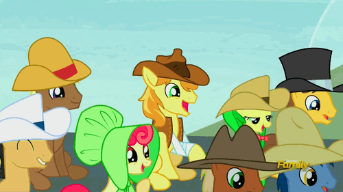 Size: 500x281 | Tagged: safe, edit, edited screencap, screencap, character:apple bumpkin, character:apple fritter, character:blues, character:braeburn, character:caramel, character:cherry cola, character:coco crusoe, character:meadow song, character:noteworthy, species:pony, episode:appleoosa's most wanted, g4, my little pony: friendship is magic, animated, apple family member, crossing the memes, discovery family logo, gif, hay bale, hayburn, i didn't listen, meme