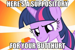 Size: 741x500 | Tagged: safe, edit, edited screencap, screencap, character:twilight sparkle, species:pony, species:unicorn, episode:a bird in the hoof, g4, my little pony: friendship is magic, butthurt, caption, female, image macro, implied anal insertion, implied insertion, mare, meme, pill, reaction image, suppository