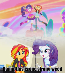 Size: 1920x2151 | Tagged: safe, edit, edited screencap, screencap, character:rarity, character:sunset shimmer, episode:friendship through the ages, equestria girls:rainbow rocks, g4, my little pony: equestria girls, my little pony:equestria girls, crackity, drugs, fuck i'm high, joint, marijuana, screencap comic, sgt. rarity, stoned, sunset stoner