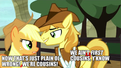 Size: 1280x720 | Tagged: safe, edit, edited screencap, screencap, character:applejack, character:braeburn, species:earth pony, species:pony, ship:braejack, episode:appleoosa's most wanted, g4, my little pony: friendship is magic, animation error, applecest, bedroom eyes, caption, cousin incest, female, image macro, incest, male, mare, meme, shipping, stallion, straight