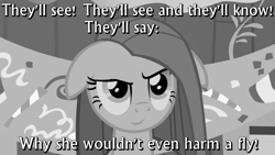 Size: 853x480 | Tagged: safe, edit, screencap, character:pinkamena diane pie, character:pinkie pie, black and white, caption, grayscale, parody, psycho
