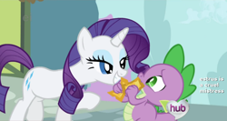 Size: 1000x533 | Tagged: safe, edit, edited screencap, screencap, character:rarity, character:spike, episode:the ticket master, g4, my little pony: friendship is magic, ei, estrus, hub logo, hubble, out of context, text, the hub