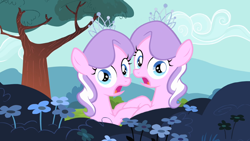 Size: 1024x576 | Tagged: safe, edit, edited screencap, screencap, character:diamond tiara, episode:flight to the finish, g4, my little pony: friendship is magic, caught, clone, implied selfcest, narcissism, open mouth, self ponidox, shocked, the fun has been doubled, wide eyes