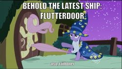 Size: 1920x1080 | Tagged: safe, edit, edited screencap, screencap, character:fluttershy, character:twilight sparkle, species:pony, episode:luna eclipsed, g4, my little pony: friendship is magic, cargo ship, flutterdoor, hub logo, image macro, joke shipping, meme, ouch, ponified, shipper, shipping, slam, tail, tailboner