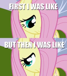 Size: 640x720 | Tagged: safe, edit, edited screencap, screencap, character:fluttershy, species:pegasus, species:pony, at first i was like but then i was like, female, hair over one eye, looking away, looking down, mare, reaction image, shy, solo