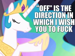 Size: 800x600 | Tagged: safe, edit, edited screencap, screencap, character:princess celestia, species:alicorn, species:pony, episode:the return of harmony, g4, my little pony: friendship is magic, caption, eyes closed, female, frown, image macro, mare, meme, pointing, raised hoof, reaction image, solo, vulgar