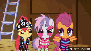 Size: 320x180 | Tagged: safe, edit, edited screencap, screencap, character:apple bloom, character:scootaloo, character:sweetie belle, species:pegasus, species:pony, episode:the show stoppers, g4, my little pony: friendship is magic, alternate hairstyle, animated, caption, clothing, confused, costume, cutie mark crusaders, filly, gif with captions, looking at you, loop, no, rocker, show stopper outfits, sweetie belle is not amused, talent show, trio, unamused, wat