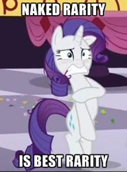 Size: 254x343 | Tagged: safe, edit, edited screencap, screencap, character:rarity, episode:make new friends but keep discord, g4, my little pony: friendship is magic, assisted exposure, blushing, caption, clothing theft, covering, embarrassed, humiliation, image macro, lewd, meme, naked rarity, we don't normally wear clothes