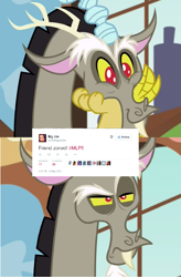 Size: 925x1412 | Tagged: safe, edit, edited screencap, screencap, character:discord, episode:make new friends but keep discord, g4, my little pony: friendship is magic, cute, damn it jim, discord is not amused, discute, friendzone, jim miller, male, meta, shipping denied, solo, text, twitter, unamused