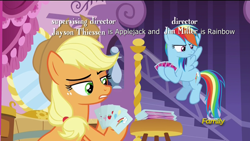 Size: 1280x720 | Tagged: safe, edit, edited screencap, screencap, character:applejack, character:rainbow dash, episode:make new friends but keep discord, g4, my little pony: friendship is magic, caption, card, director, jayson thiessen, jim miller