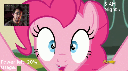 Size: 500x277 | Tagged: safe, edit, edited screencap, screencap, character:pinkie pie, species:human, episode:make new friends but keep discord, g4, my little pony: friendship is magic, animated, close-up, discovery family logo, five nights at freddy's, fourth wall, fourth wall destruction, he wants all of the cakes, irl, irl human, jumpscare, looking at you, loop, markiplier, photo, screen shake, shaking, solo, static