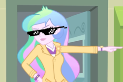 Size: 708x472 | Tagged: safe, edit, edited screencap, screencap, character:princess celestia, character:principal celestia, character:rainbow dash, episode:music to my ears, g4, my little pony: equestria girls, my little pony:equestria girls, mlg, pointing, sunglasses
