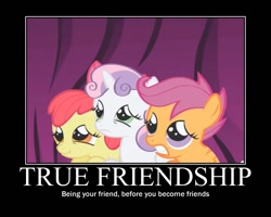 Size: 750x600 | Tagged: safe, edit, edited screencap, screencap, character:apple bloom, character:scootaloo, character:sweetie belle, species:earth pony, species:pegasus, species:pony, species:unicorn, episode:friendship is magic, g4, my little pony: friendship is magic, curtain, cutie mark crusaders, motivational poster, scrunchy face