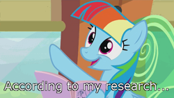 Size: 500x281 | Tagged: safe, edit, edited screencap, screencap, character:rainbow dash, character:twilight sparkle, episode:the lost treasure of griffonstone, g4, my little pony: friendship is magic, alternate hairstyle, book, dorothy ann, exploitable meme, female, image macro, magic school bus, mane swap, manebow sparkle, meme, reading, reading rainboom, reference, smiling, solo, talking, train