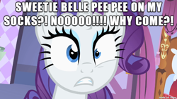 Size: 610x343 | Tagged: safe, edit, edited screencap, screencap, character:rarity, character:sweetie belle, background pony strikes again, caption, clothing, engrish, excessive exclamation marks, image macro, meme, shitposting, socks, wat
