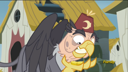 Size: 1360x768 | Tagged: safe, edit, edited screencap, screencap, character:grampa gruff, species:griffon, episode:the lost treasure of griffonstone, g4, my little pony: friendship is magic, bits, clothing, eye scar, fez, gravity falls, grunkle stan, hat, male, scar