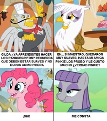 Size: 634x720 | Tagged: safe, edit, edited screencap, screencap, character:gilda, character:gustave le grande, character:maud pie, character:pinkie pie, species:griffon, species:pony, episode:griffon the brush-off, episode:maud pie, episode:mmmystery on the friendship express, episode:the lost treasure of griffonstone, g4, my little pony: friendship is magic, broken teeth, comic, female, griffon scone, gustave le grande, male, mare, spanish, translated in the comments, translated in the description
