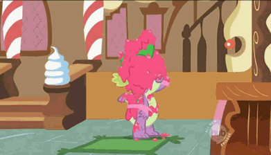 Size: 391x224 | Tagged: safe, edit, edited screencap, screencap, character:spike, episode:lesson zero, g4, my little pony: friendship is magic, animated, cartoon physics, eating, food, frosting, good trick, hub logo, long tongue, male, reversed, solo, spinning, tongue out