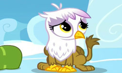 Size: 812x486 | Tagged: safe, edit, screencap, character:gilda, species:griffon, episode:the lost treasure of griffonstone, g4, my little pony: friendship is magic, chickub, cloudsdale, cub, cute, female, frown, gildadorable, li'l gilda, looking up, sad, sitting, solo, wrong aspect ratio, younger