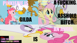 Size: 1366x768 | Tagged: safe, edit, edited screencap, screencap, character:fluttershy, character:gilda, character:pinkie pie, species:griffon, episode:griffon the brush-off, g4, my little pony: friendship is magic, drama, gilda drama, hate, hater, image macro, meme, old drama, op is a duck, pink text, vulgar, wat, yellow text, yellow words