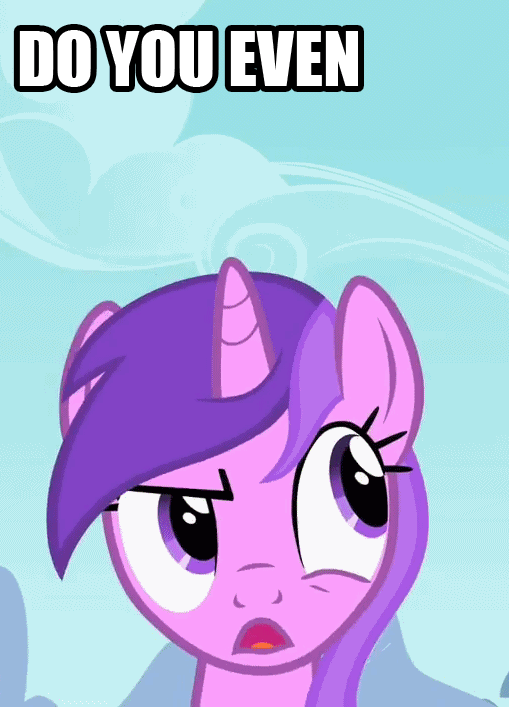 Size: 509x707 | Tagged: safe, edit, edited screencap, screencap, character:amethyst star, character:sparkler, species:pony, species:unicorn, episode:the mysterious mare do well, g4, my little pony: friendship is magic, amethyst star is not amused, animated, background pony, brony, caption, cropped, do you even watch the show?, female, image macro, impact font, mare, reaction image, solo