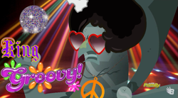Size: 851x471 | Tagged: safe, edit, screencap, species:griffon, episode:the lost treasure of griffonstone, g4, my little pony: friendship is magic, 1960s, 1970s, 60s, 70s, afro, disco ball, image macro, king groovy, king grover, meme, peace symbol, pun, solo