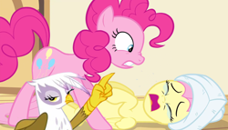 Size: 1520x867 | Tagged: safe, edit, edited screencap, screencap, character:fluttershy, character:gilda, character:pinkie pie, species:griffon, episode:filli vanilli, g4, my little pony: friendship is magic, crying, gilda drama, pointing