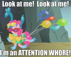 Size: 600x480 | Tagged: safe, edit, edited screencap, screencap, character:pinkie pie, episode:dragonshy, g4, my little pony: friendship is magic, balloon, bow, caption, cave, female, fins, flippers, image macro, meme, polka dots, present, reaction image, ribbon, solo, string, sunglasses, walking