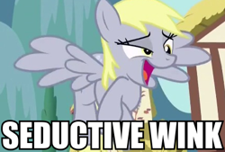 Size: 427x289 | Tagged: safe, edit, edited screencap, screencap, character:derpy hooves, species:pegasus, species:pony, episode:slice of life, g4, my little pony: friendship is magic, caption, cropped, crossed hooves, faec, female, house, image macro, mare, meme, open mouth, reaction image, seductive, seductive wink, solo, spread wings, wings, wink