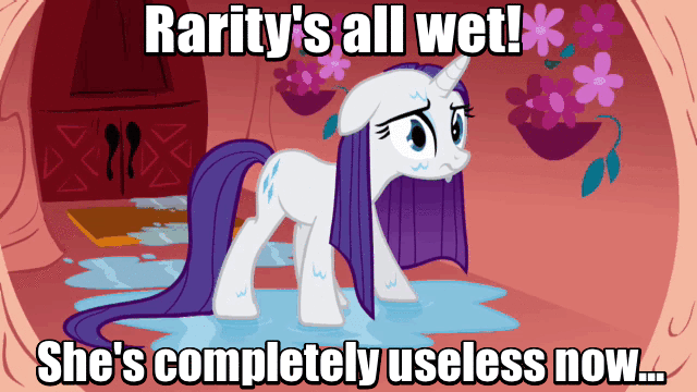 Size: 640x360 | Tagged: safe, edit, edited screencap, screencap, character:rarity, species:pony, species:unicorn, episode:look before you sleep, g4, my little pony: friendship is magic, animated, beauty and the beast, blinking, female, gif, golden oaks library, image macro, insane troll logic, into the trash it goes, mare, meme, phelous, puddle, reference, shivering, solo, text, wet, wet mane, wet mane rarity