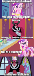 Size: 642x1413 | Tagged: safe, edit, edited screencap, screencap, character:lord tirek, character:princess cadance, character:twilight sparkle, character:twilight sparkle (alicorn), species:alicorn, species:pony, episode:a canterlot wedding, episode:twilight's kingdom, g4, my little pony: friendship is magic, 4koma, android 18, caption, cell (dbz), comic, dragonball z abridged, female, image macro, implied absorption, implied shining armor, implied vore, mare, meme, semi-perfect cell, stained glass, vulgar
