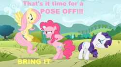 Size: 1050x590 | Tagged: safe, edit, edited screencap, screencap, character:fluttershy, character:pinkie pie, character:rarity, episode:putting your hoof down, g4, my little pony: friendship is magic, caption, facehoof, image macro, meme, pink text, pose, yellow text