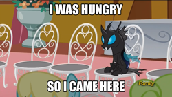 Size: 800x450 | Tagged: safe, edit, edited screencap, screencap, character:daisy, character:sassaflash, species:changeling, episode:slice of life, g4, my little pony: friendship is magic, caption, chair, discovery family logo, frown, image macro, kevin (changeling), meme, sitting, solo
