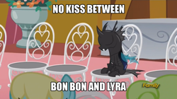Size: 1022x572 | Tagged: safe, edit, screencap, character:daisy, character:sassaflash, species:changeling, episode:slice of life, g4, my little pony: friendship is magic, chair, eyes closed, frown, hilarious in hindsight, image macro, kevin (changeling), meme, shipping denied, sitting, solo