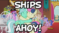 Size: 1920x1080 | Tagged: safe, edit, edited screencap, screencap, character:amethyst star, character:bon bon, character:lemon hearts, character:lyra heartstrings, character:ponet, character:sea swirl, character:sparkler, character:sweetie drops, ship:lyrabon, episode:slice of life, g4, my little pony: friendship is magic, clothing, discovery family logo, female, hat, hug, image macro, lesbian, meme, pirate, pirate hat, shipper on deck, shipping