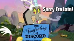 Size: 763x421 | Tagged: safe, edit, screencap, character:discord, episode:slice of life, g4, my little pony: friendship is magic, 100th episode, 22 short films about springfield, image macro, male, meme, parody, ponyville, professor frink, sign, simpsons did it, solo, sunset, the simpsons