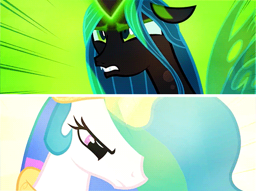 Size: 500x373 | Tagged: safe, edit, edited screencap, screencap, character:princess celestia, character:queen chrysalis, species:changeling, episode:a canterlot wedding, g4, my little pony: friendship is magic, animated, changeling queen, female, fight, glowing horn, gritted teeth, oh crap face