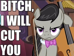 Size: 800x600 | Tagged: safe, edit, edited screencap, screencap, character:octavia melody, species:pony, episode:slice of life, g4, my little pony: friendship is magic, angry, bow (instrument), bow tie, caption, cello, cello bow, dialogue, female, frown, image macro, mare, musical instrument, reaction image, solo, threat, vulgar