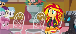 Size: 1278x572 | Tagged: safe, edit, edited screencap, screencap, character:aura, character:boysenberry, character:cotton cloudy, character:first base, character:ruby pinch, character:sunset shimmer, species:changeling, episode:slice of life, g4, my little pony: friendship is magic, my little pony:equestria girls, chair, kevin (changeling), sitting
